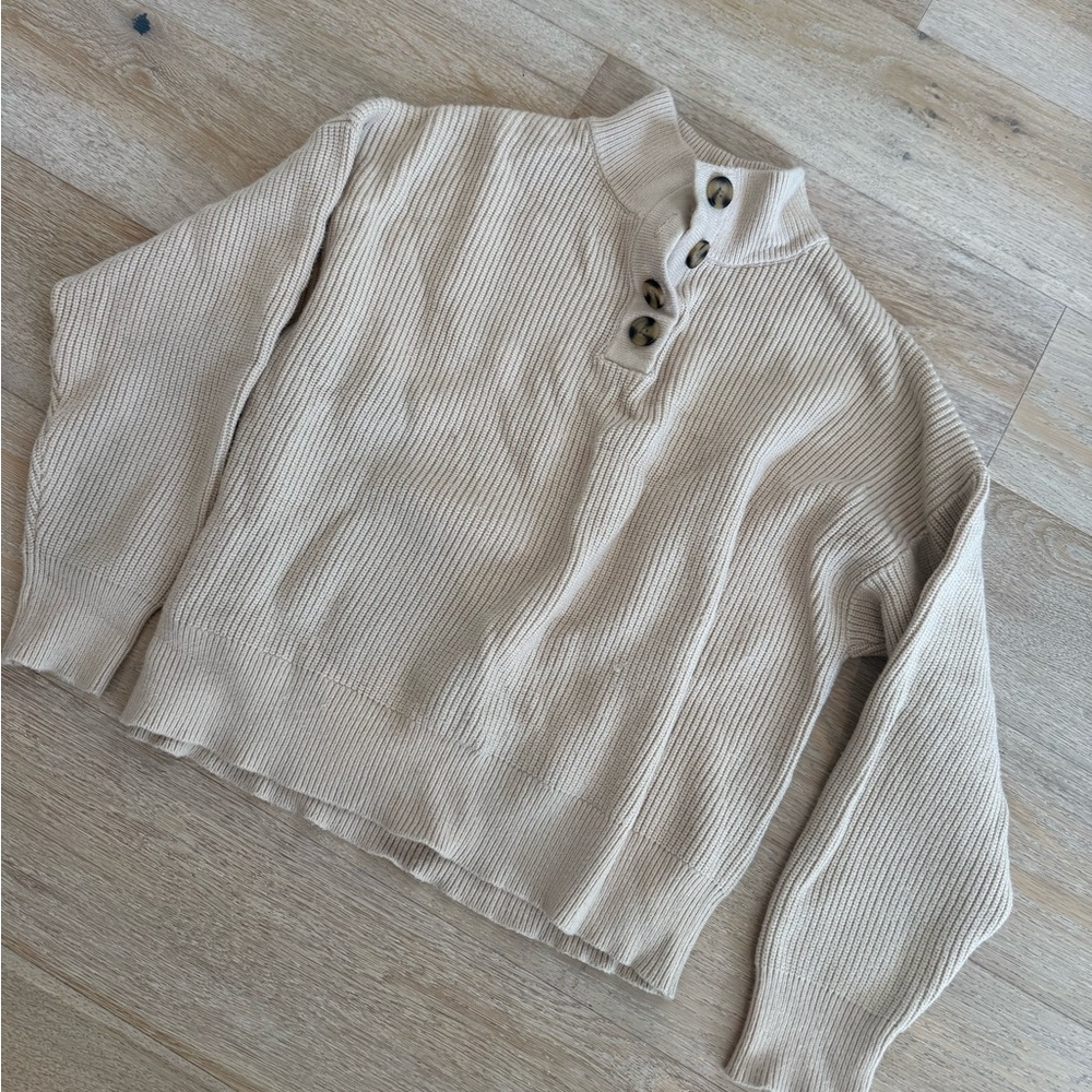 Mango Tan Button-Up Quarter Sweater